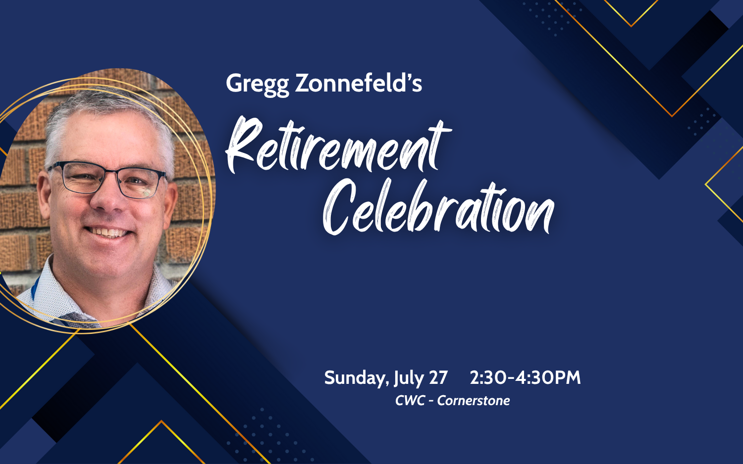 Blue invitation announcing Gregg Zonnefeld’s retirement celebration on July 27th at CWC
