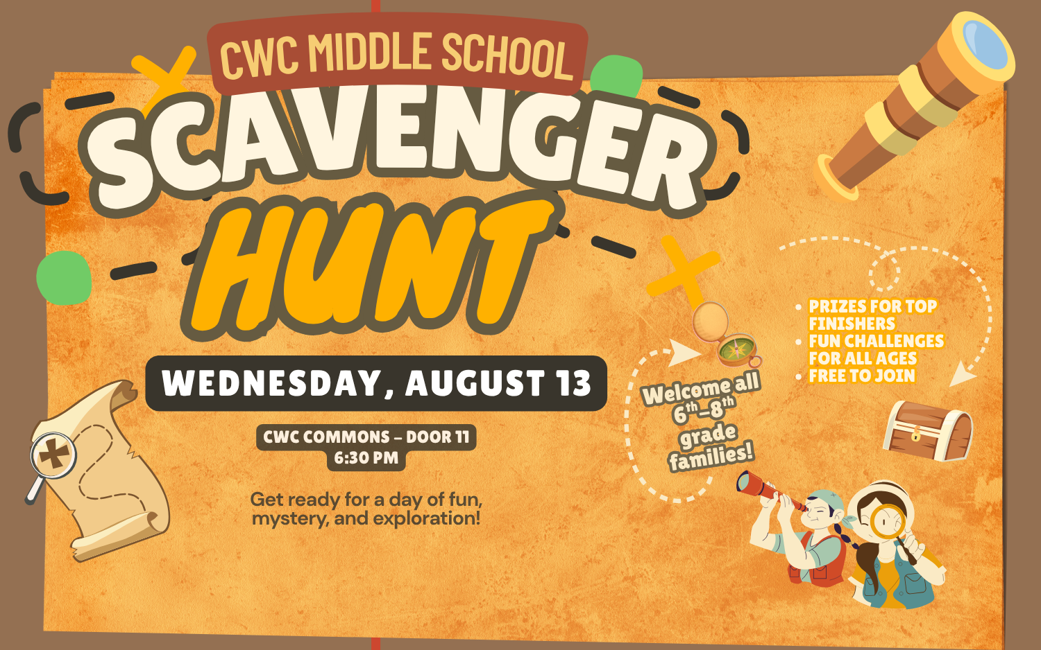CWC Middle School Scavenger Hunt, August 13, 6:30 PM, fun for 6th–8th grade families.