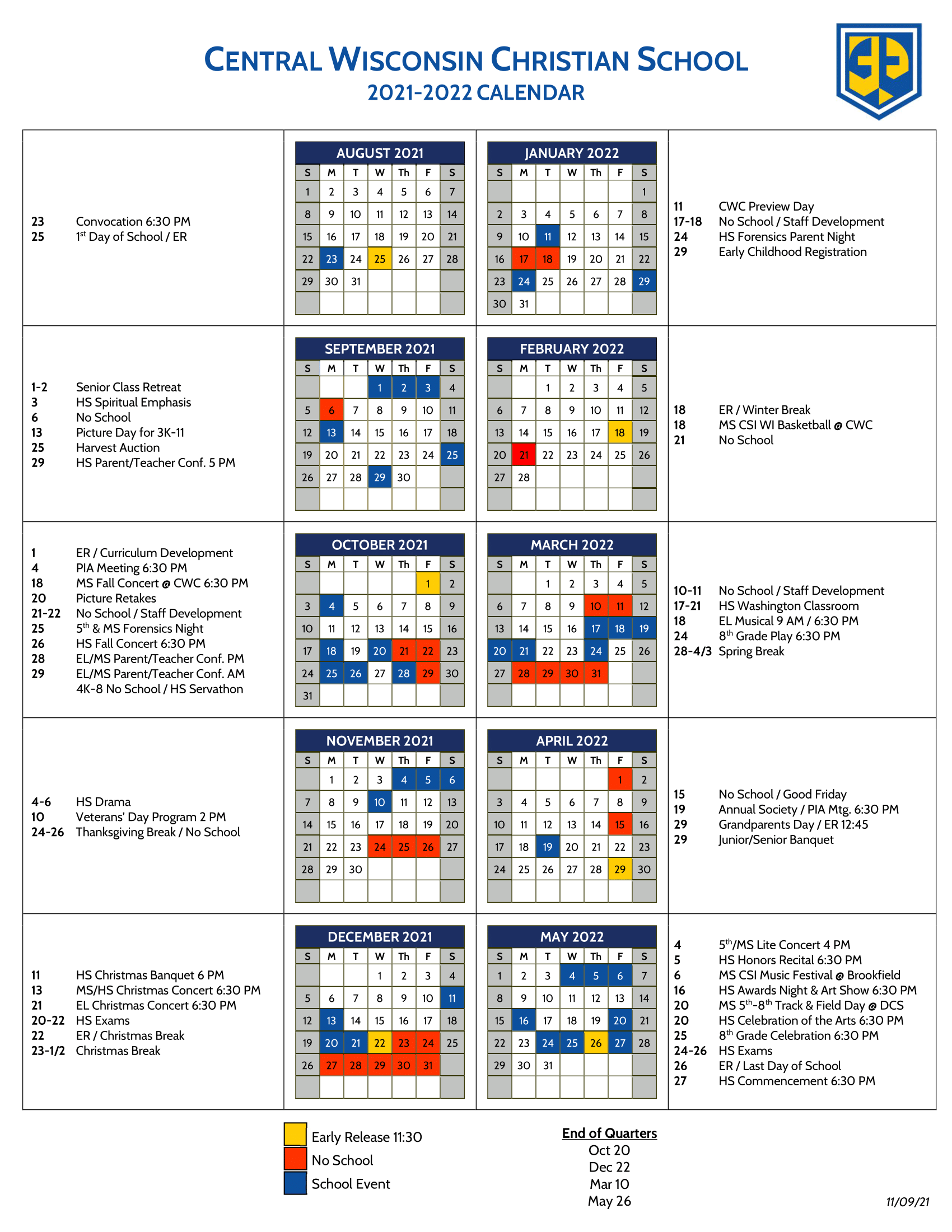 Uwm Academic Calendar 2022 2021-22 School Calendar - Central Wisconsin Christian School